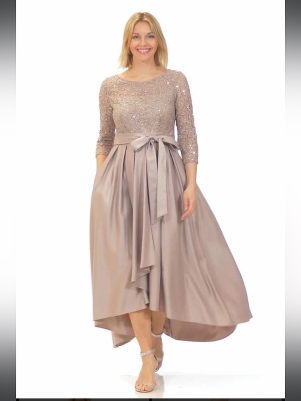Elegant Lace and Sequin Bodice Midi Dress with Satin Skirt by Alex Evenings
